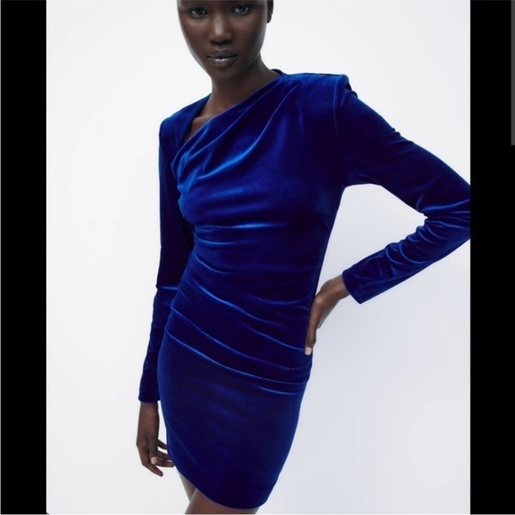 Zara blue VELVET ASYMMETRIC DRESS size XL - Picture 3 of 7
